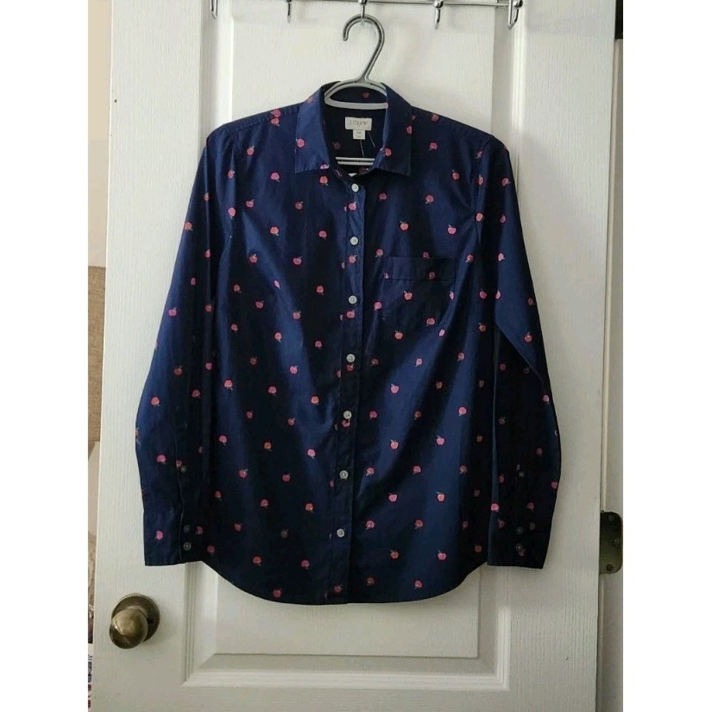 J.Crew Women's‎ Cotton Poplin Shirt Long Sleeve Apple Print Blue Pocket Size XS